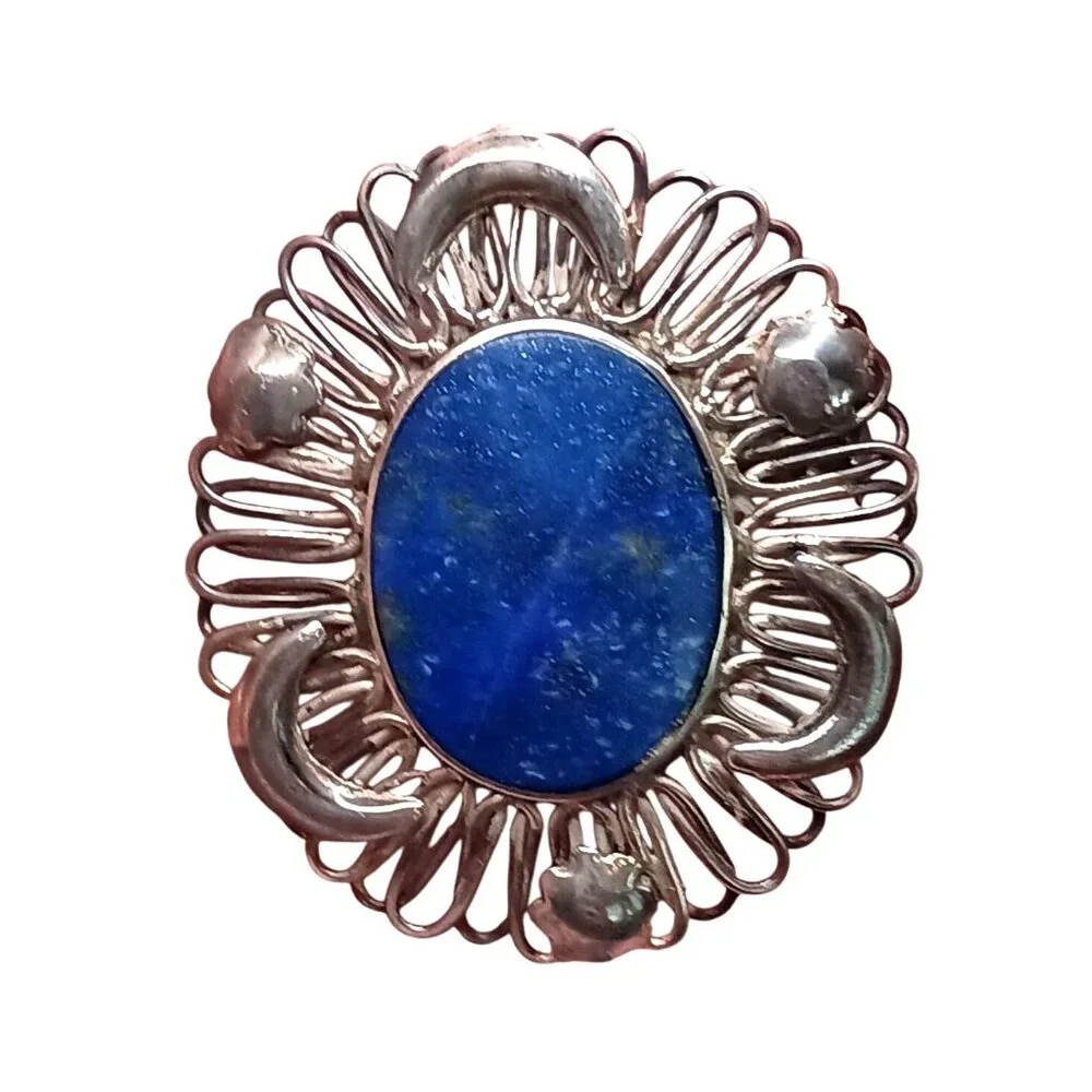 Art Deco 925 Sterling Silver Lapis Lazuli Brooch Pendant Brooch w/Moon & Stars - Picture 2 of 9